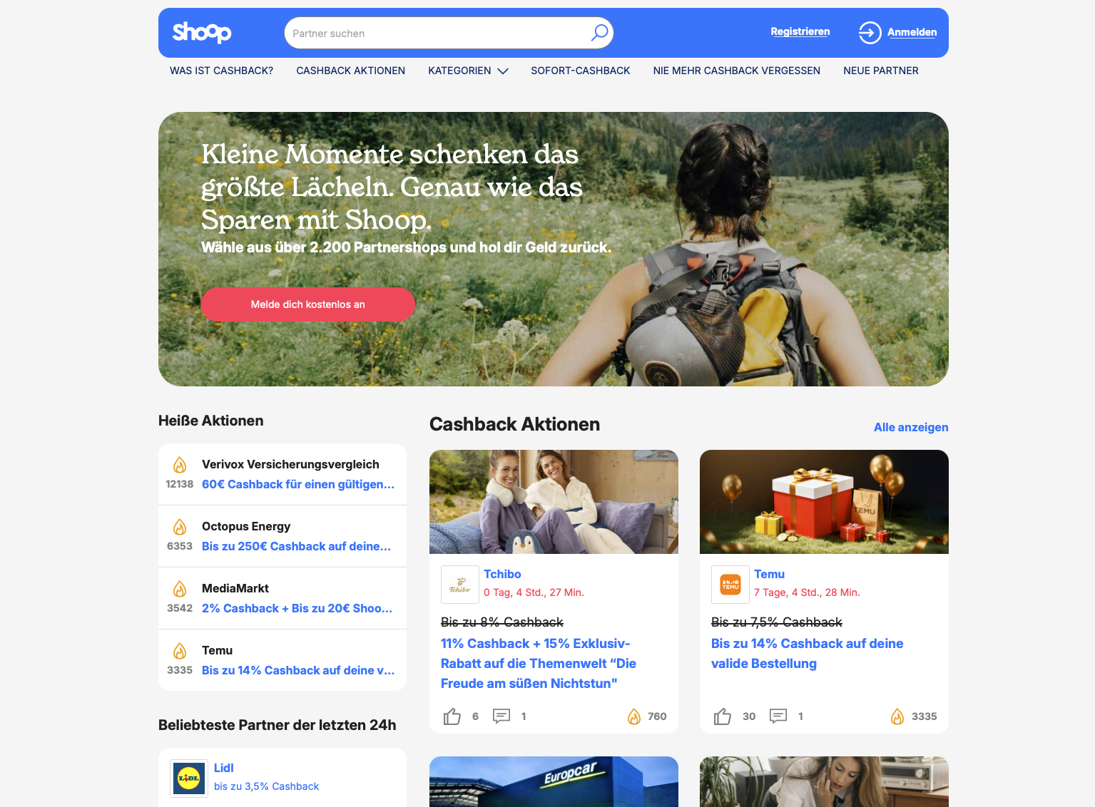 Screenshot der Shoop Startseite mit Hinweis auf über 2.200 Partnershops