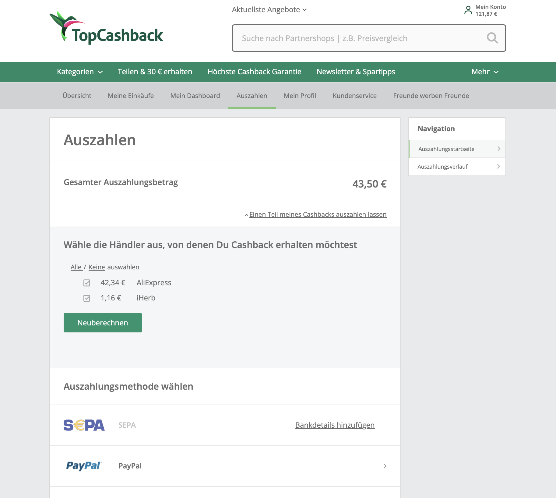 Auszahlungsübersicht von TopCashback mit Mindestbetrag 0,01 € und Optionen PayPal oder Bank