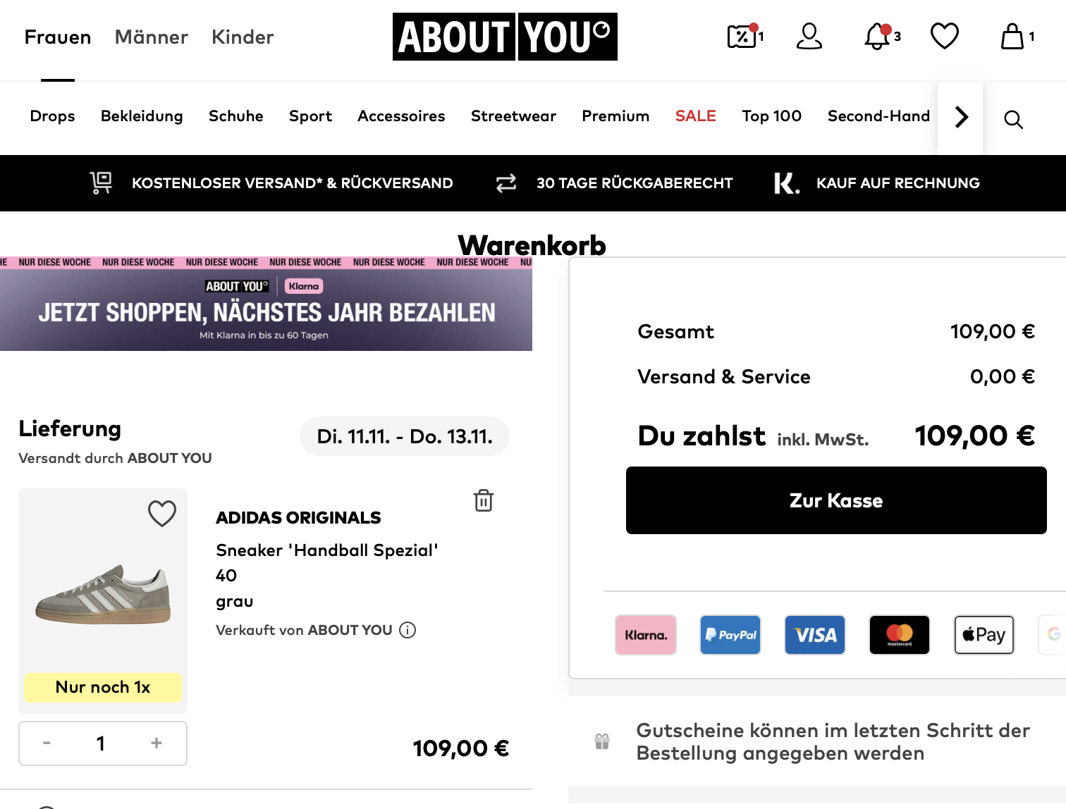 Warenkorb bei einem Online-Shop während des Einkaufs