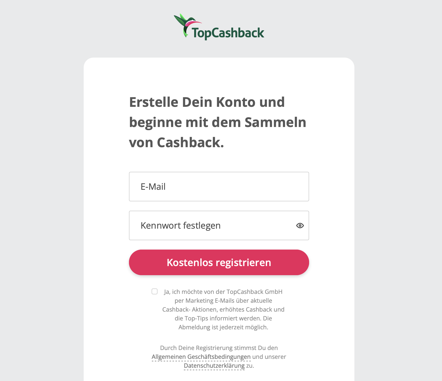 Registrierungsformular auf der TopCashback-Seite
