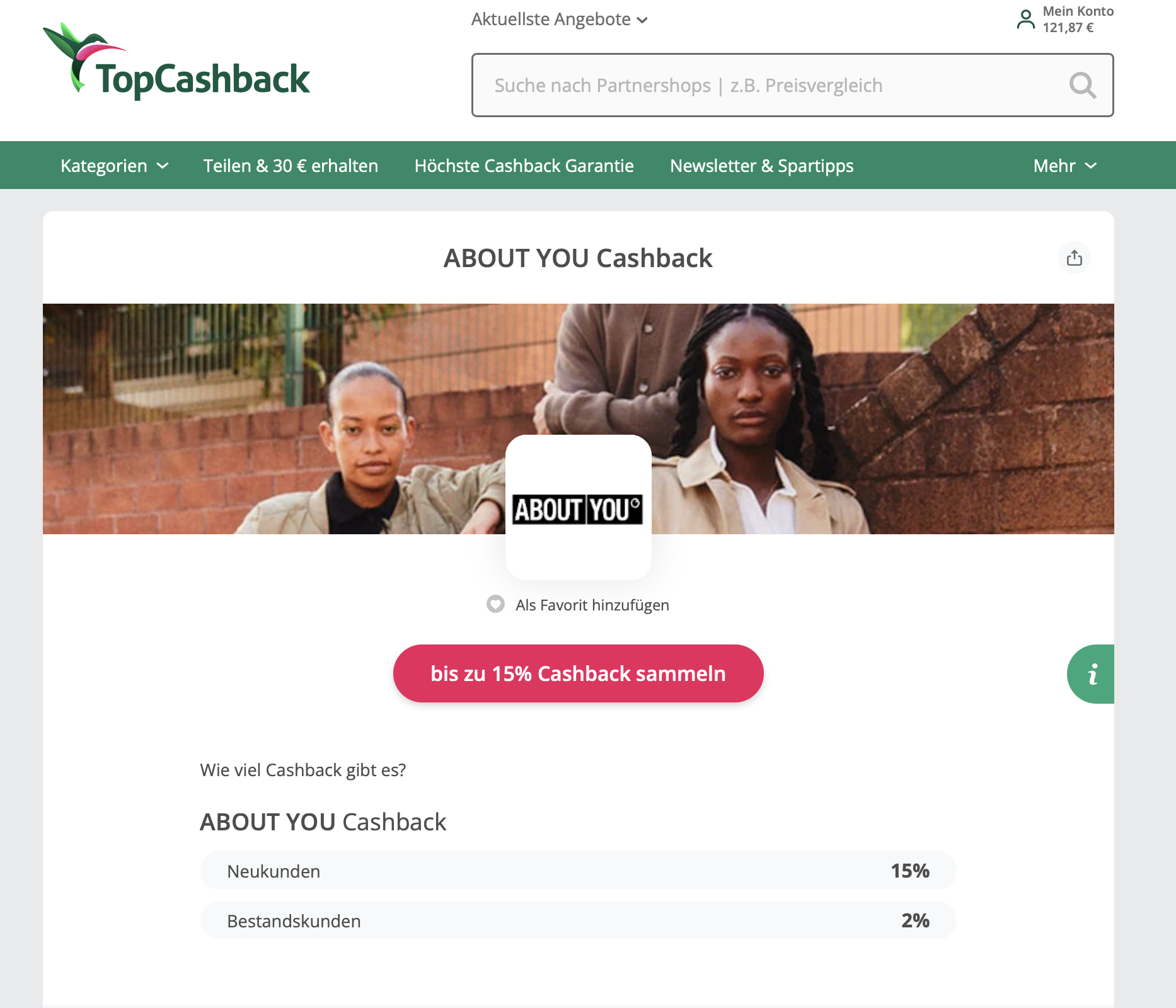 Auswahl eines Partner-Shops bei TopCashback