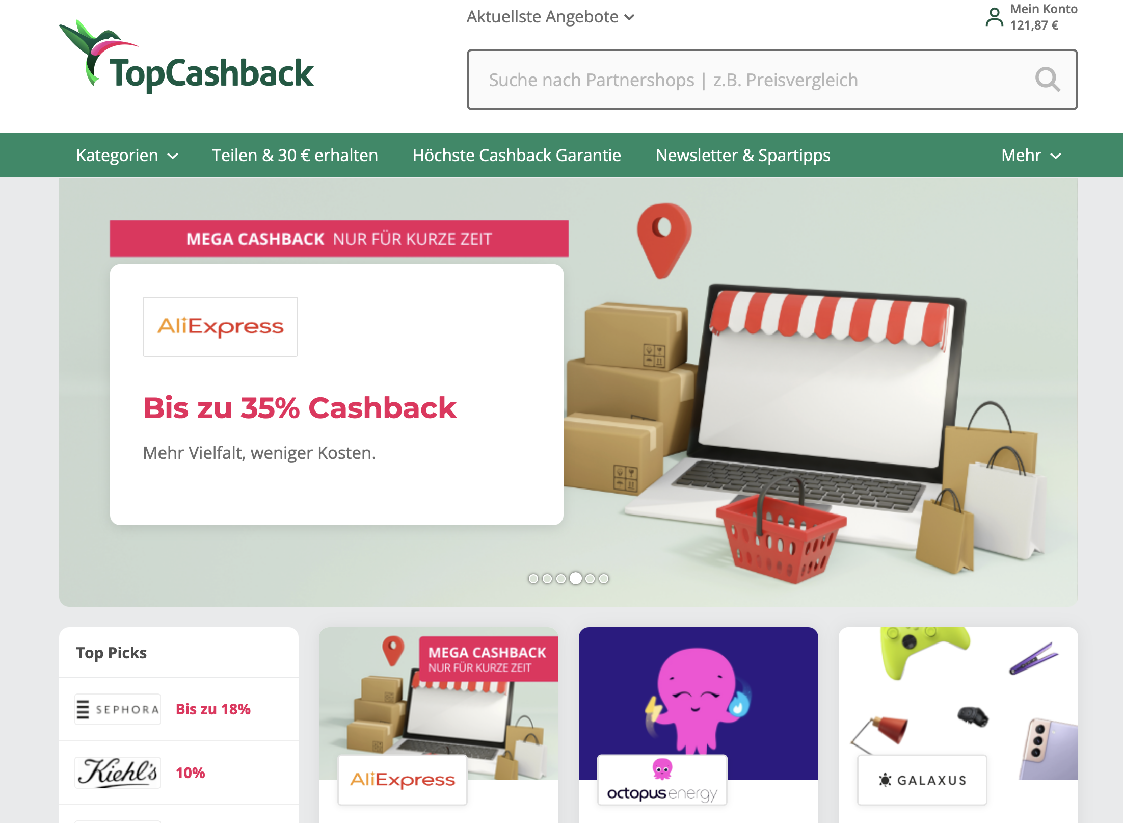 Startseite von TopCashback mit Angebotsübersicht und Mega-Cashback-Hinweis